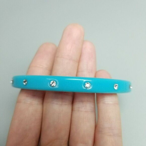 Vintage Blue Plastic Bangle Bracelet With Rhinestones, Retro Stacking Estate - Picture 1 of 6